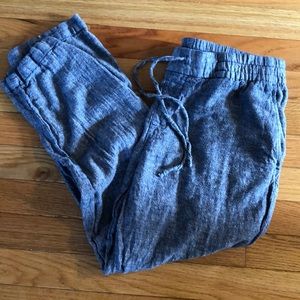 Linen blue drawstring pants with pockets